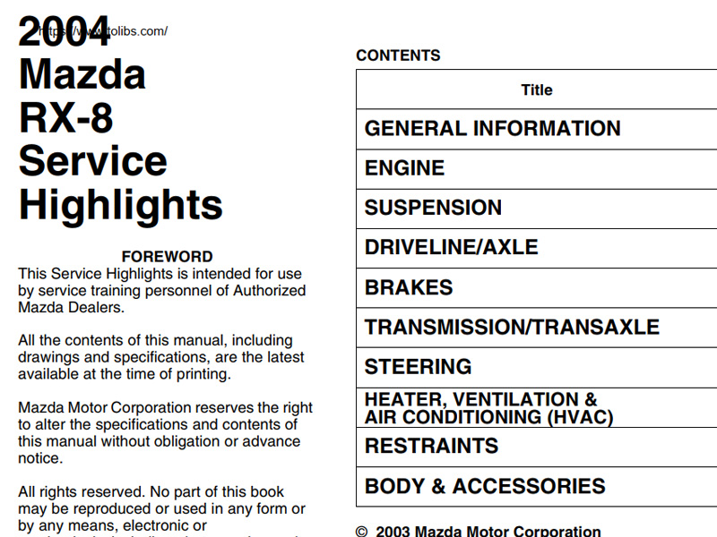 2004 Mazda RX-8 Service Highlights